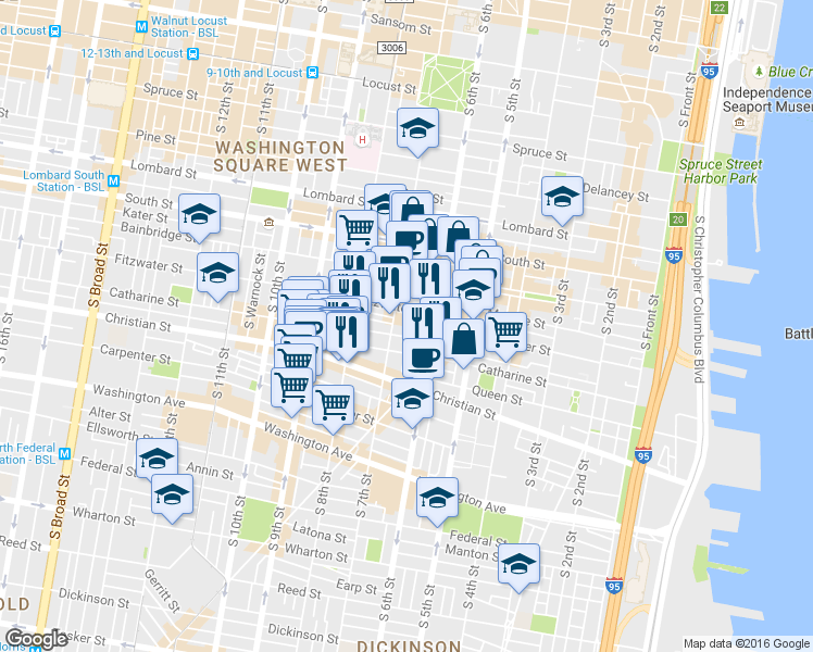 map of restaurants, bars, coffee shops, grocery stores, and more near 641 Catharine Street in Philadelphia