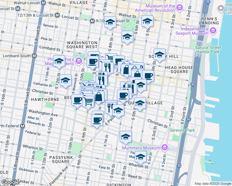 map of restaurants, bars, coffee shops, grocery stores, and more near 641 Catharine Street in Philadelphia