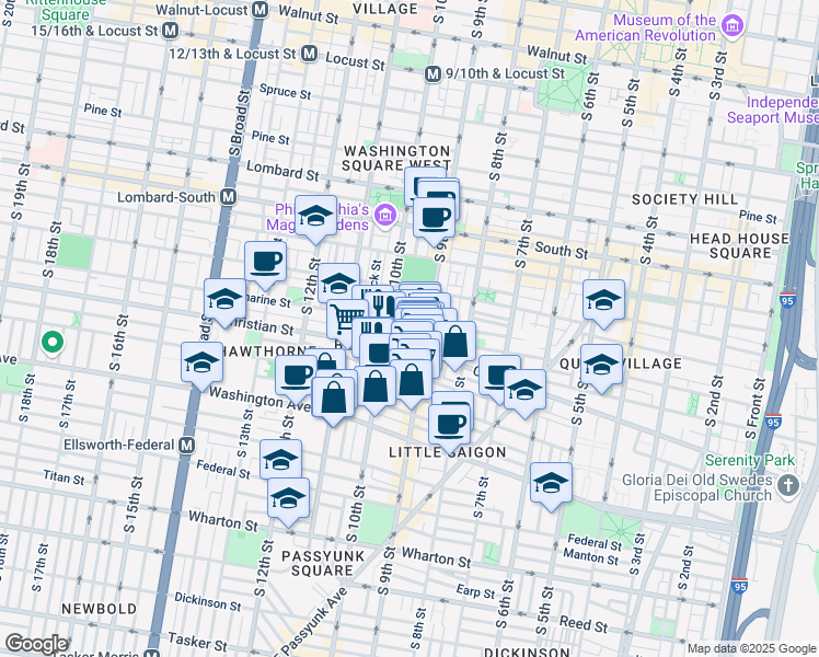 map of restaurants, bars, coffee shops, grocery stores, and more near 932 South 10th Street in Philadelphia