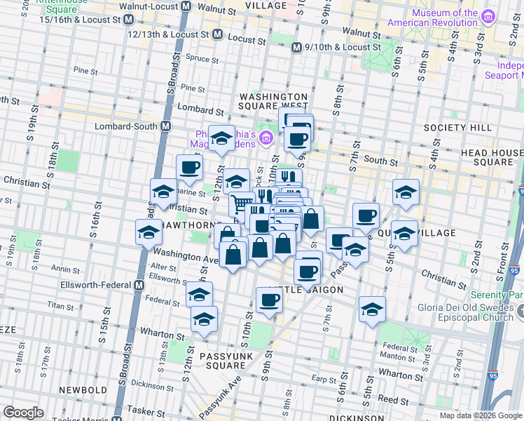 map of restaurants, bars, coffee shops, grocery stores, and more near in Philadelphia
