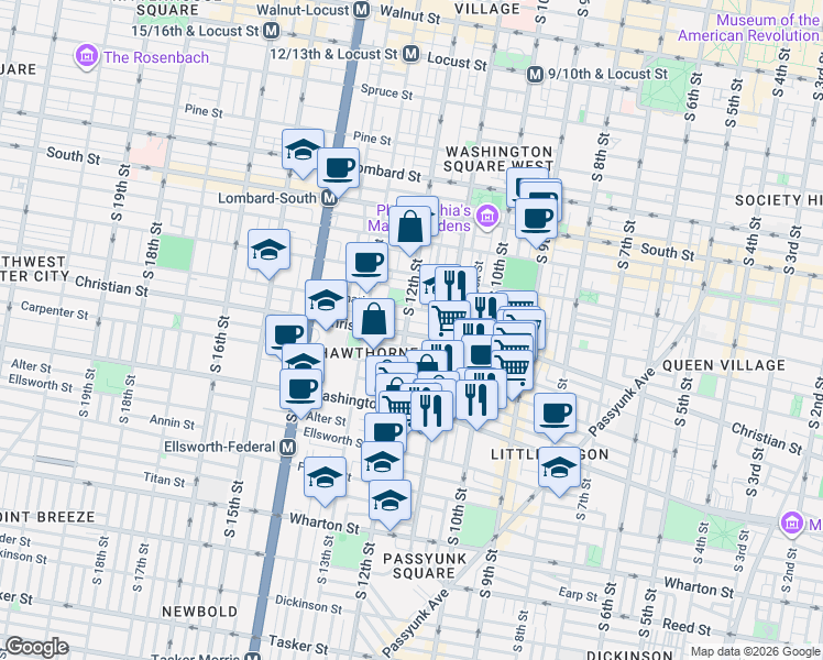 map of restaurants, bars, coffee shops, grocery stores, and more near 1118 Montrose Street in Philadelphia