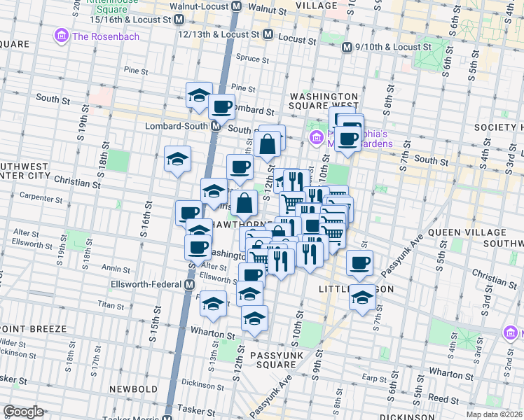 map of restaurants, bars, coffee shops, grocery stores, and more near 1118 Montrose Street in Philadelphia