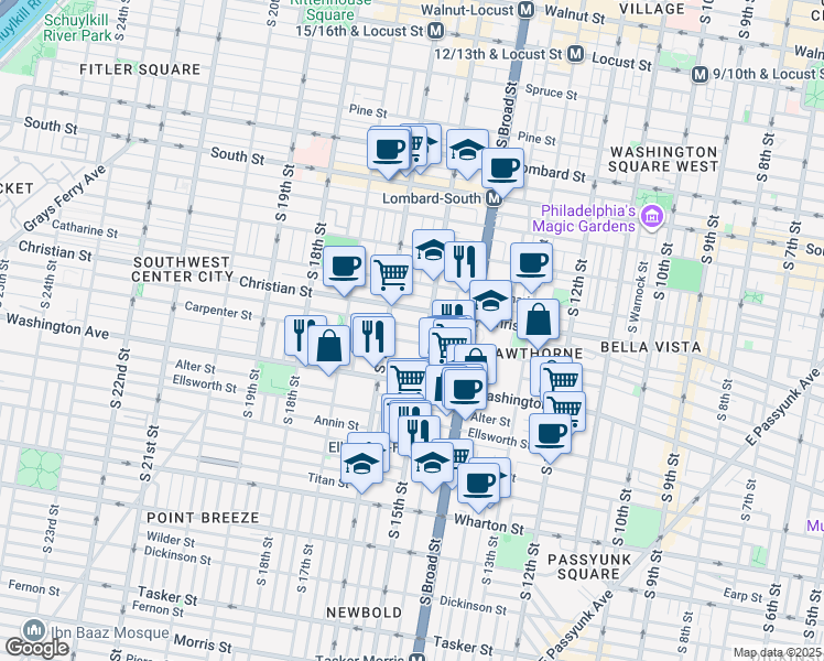 map of restaurants, bars, coffee shops, grocery stores, and more near 1001 South 15th Street in Philadelphia