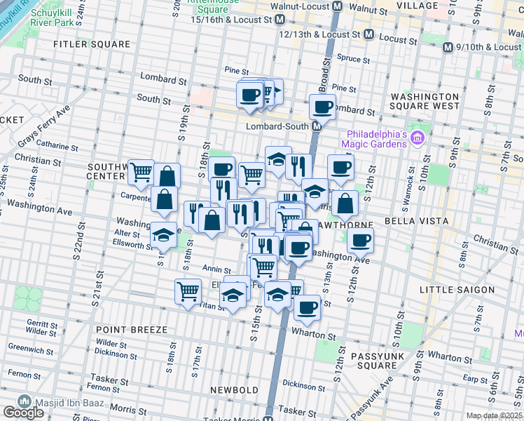 map of restaurants, bars, coffee shops, grocery stores, and more near 1500 Carpenter Street in Philadelphia