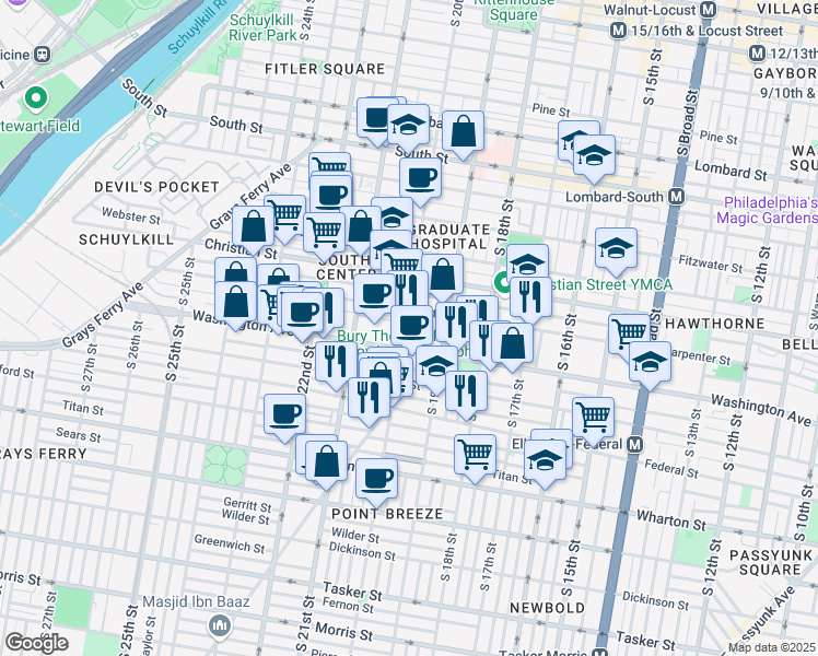 map of restaurants, bars, coffee shops, grocery stores, and more near 1017 South 20th Street in Philadelphia