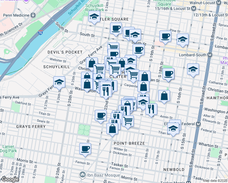map of restaurants, bars, coffee shops, grocery stores, and more near 2100 Washington Avenue in Philadelphia