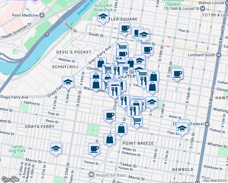 map of restaurants, bars, coffee shops, grocery stores, and more near 2235 Washington Avenue in Philadelphia