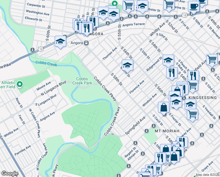 map of restaurants, bars, coffee shops, grocery stores, and more near 5860 Willows Avenue in Philadelphia