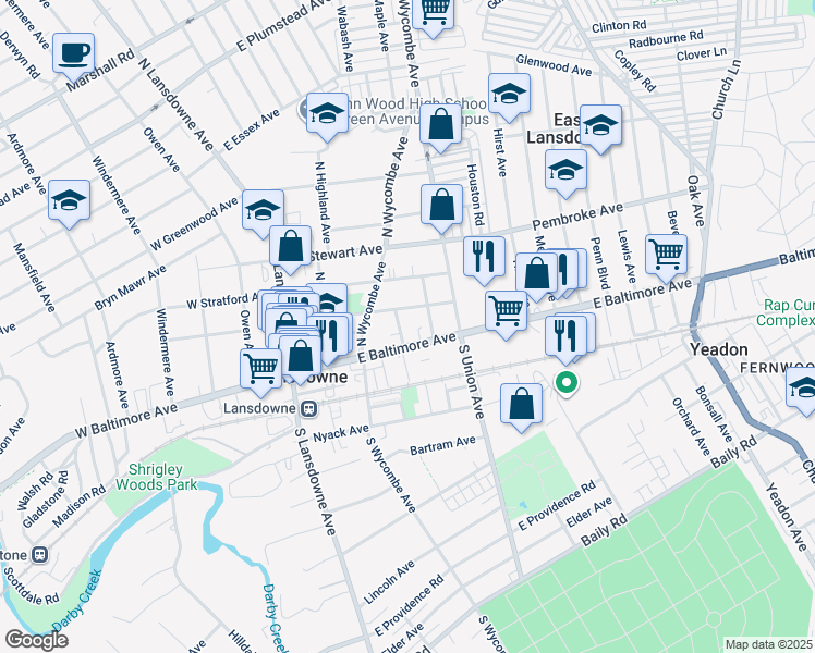 map of restaurants, bars, coffee shops, grocery stores, and more near 114 East Baltimore Avenue in Lansdowne