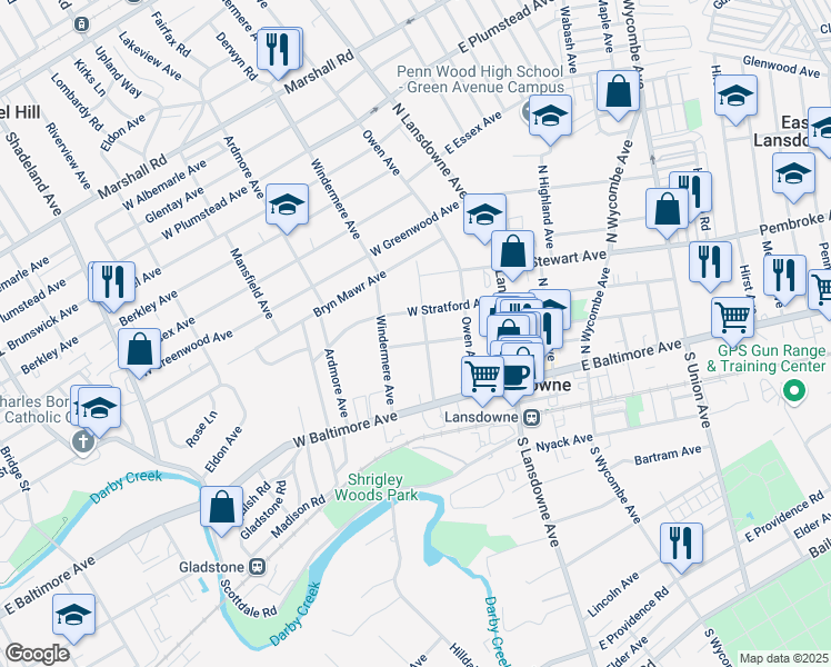 map of restaurants, bars, coffee shops, grocery stores, and more near 38 Runnemede Avenue in Lansdowne