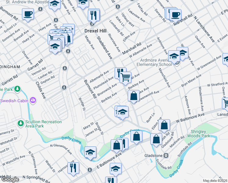map of restaurants, bars, coffee shops, grocery stores, and more near 3406 Berkley Avenue in Drexel Hill