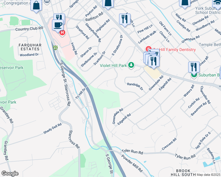 map of restaurants, bars, coffee shops, grocery stores, and more near 1631 Detwiler Court in York