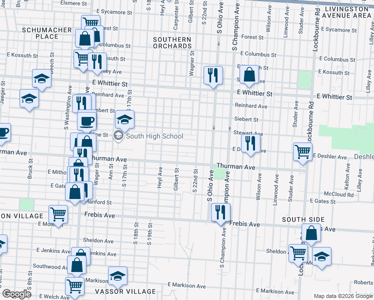 map of restaurants, bars, coffee shops, grocery stores, and more near 816 Thurman Avenue in Columbus