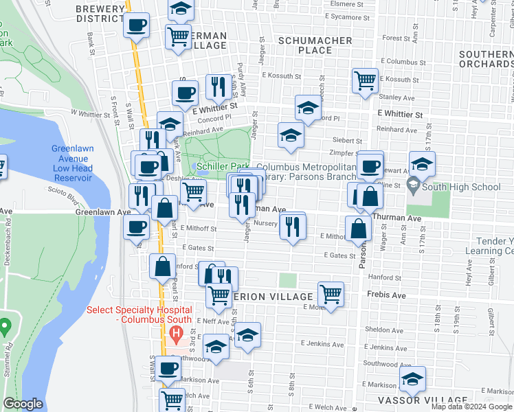 map of restaurants, bars, coffee shops, grocery stores, and more near 1164 Jaeger Street in Columbus