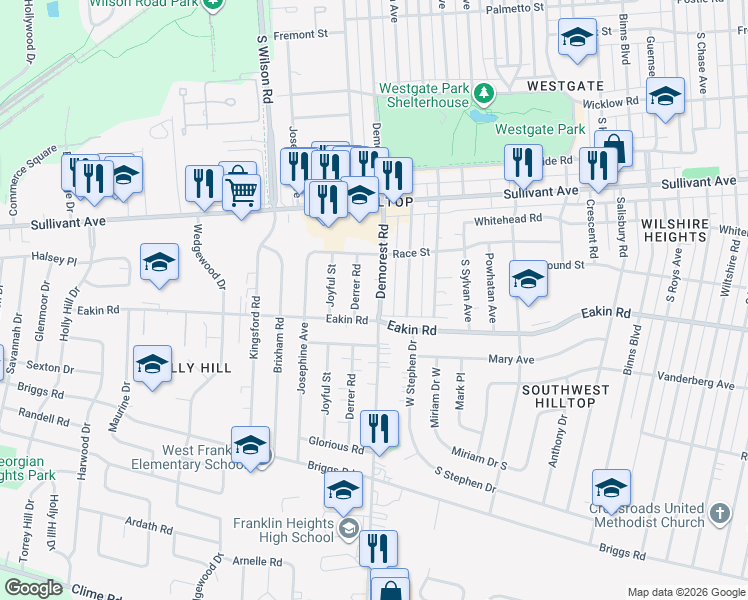 map of restaurants, bars, coffee shops, grocery stores, and more near 744 Demorest Road in Columbus
