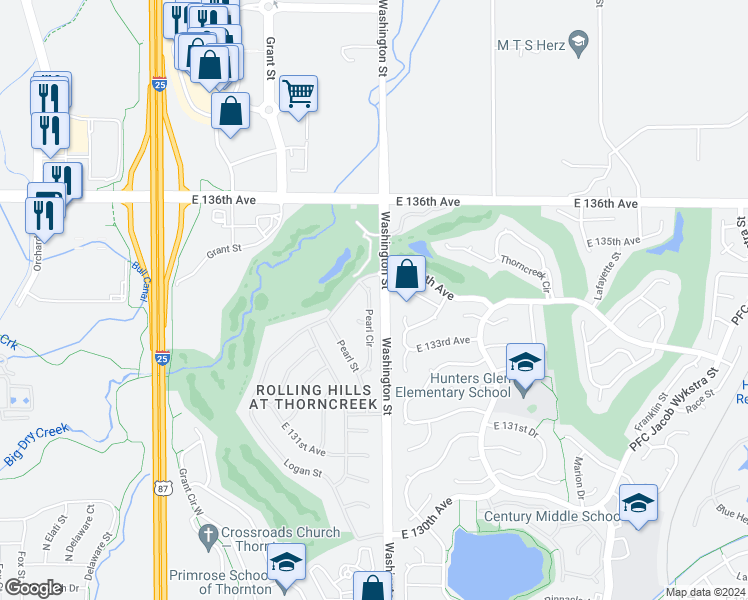 map of restaurants, bars, coffee shops, grocery stores, and more near 13372 Pearl Circle in Thornton