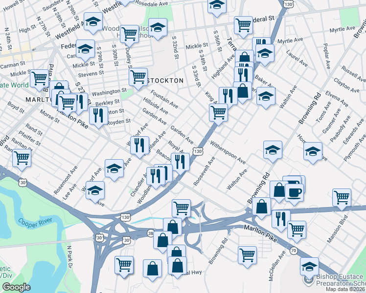 map of restaurants, bars, coffee shops, grocery stores, and more near 6524 Woodland Avenue in Pennsauken Township