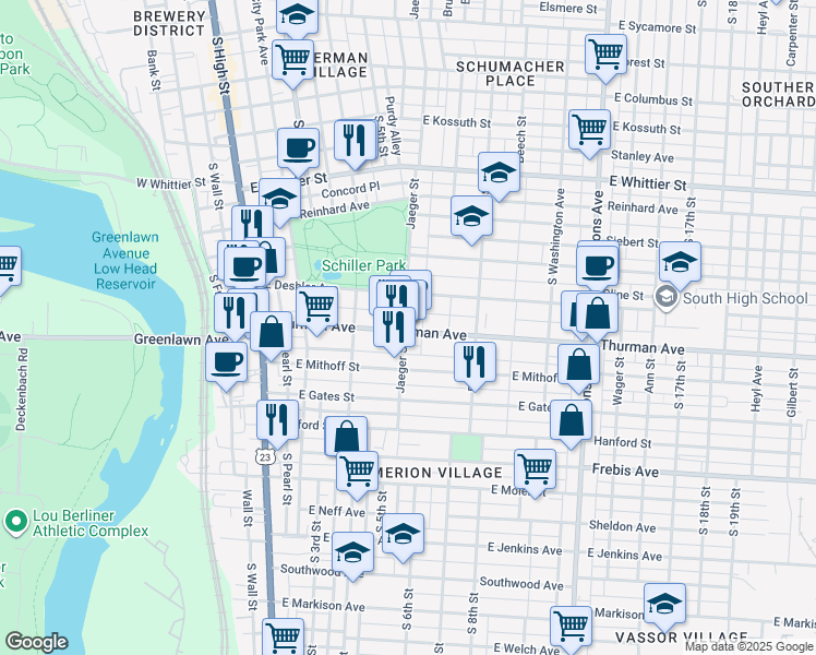 map of restaurants, bars, coffee shops, grocery stores, and more near in Columbus
