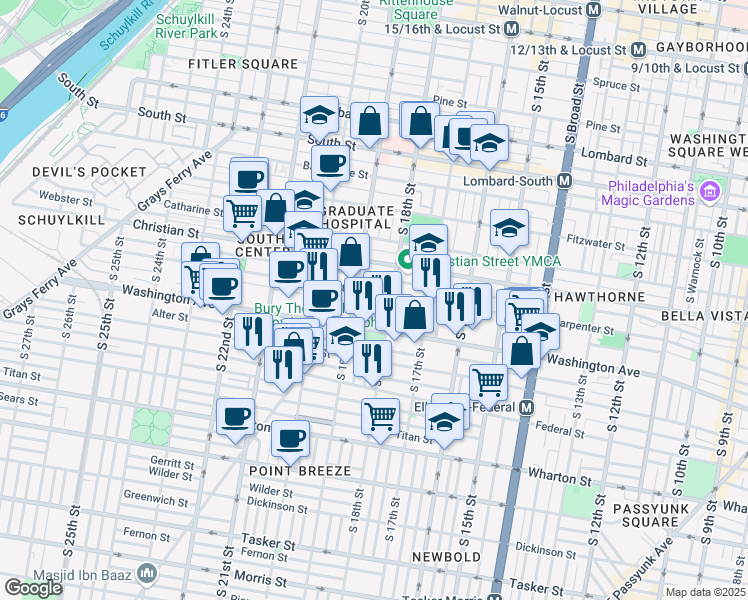 map of restaurants, bars, coffee shops, grocery stores, and more near 1008 South Cleveland Street in Philadelphia