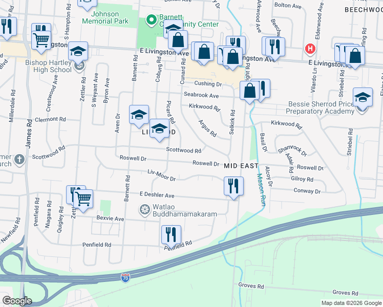 map of restaurants, bars, coffee shops, grocery stores, and more near 3485 Scottwood Road in Columbus