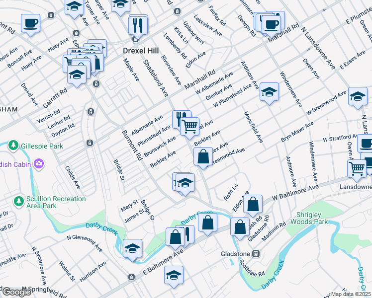 map of restaurants, bars, coffee shops, grocery stores, and more near 3206 Berkley Avenue in Drexel Hill