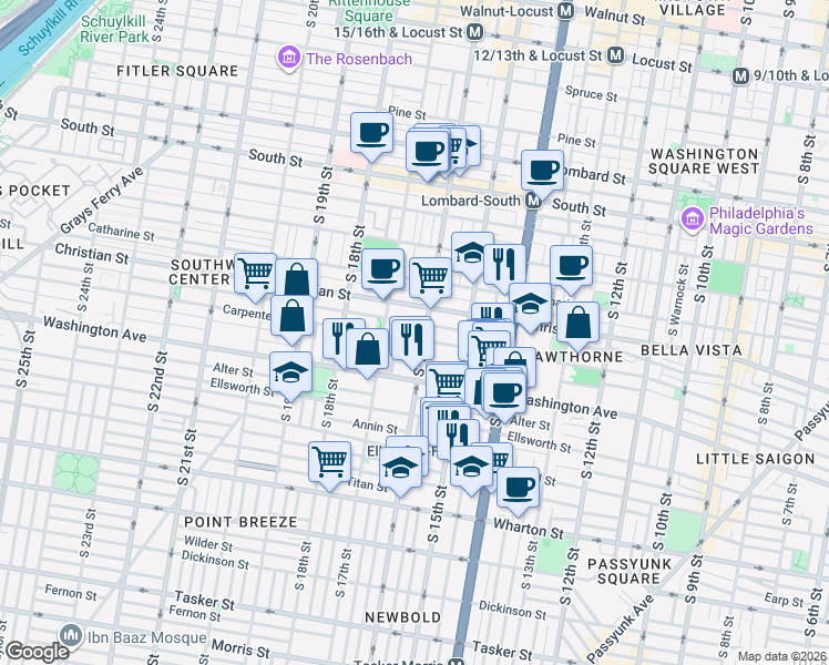 map of restaurants, bars, coffee shops, grocery stores, and more near 1500 Carpenter Street in Philadelphia