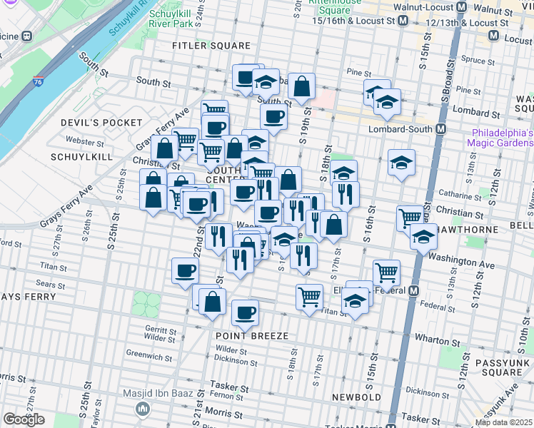 map of restaurants, bars, coffee shops, grocery stores, and more near 1017 South 20th Street in Philadelphia