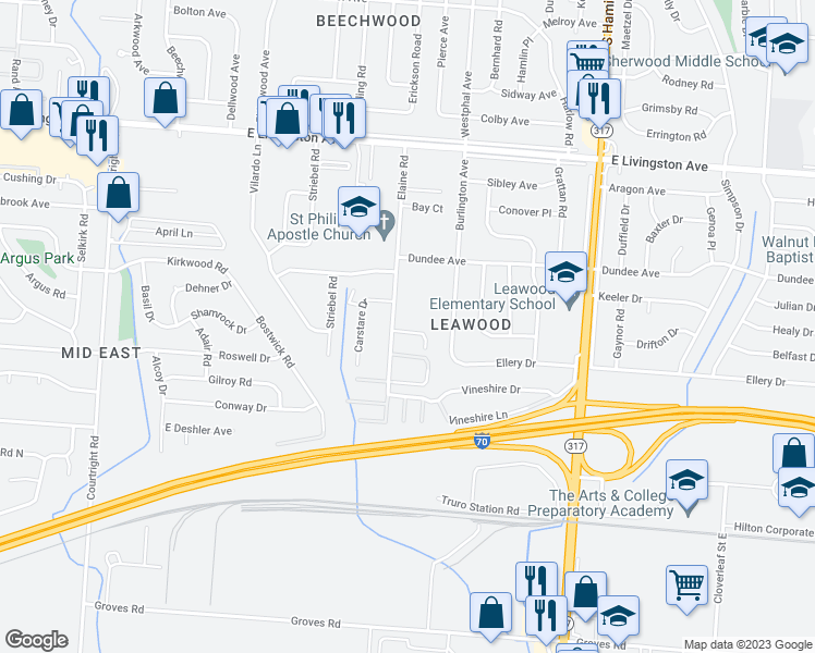 map of restaurants, bars, coffee shops, grocery stores, and more near 4082 Larry Place in Columbus