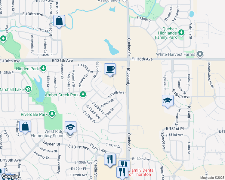 map of restaurants, bars, coffee shops, grocery stores, and more near 13391 Oneida Street in Thornton