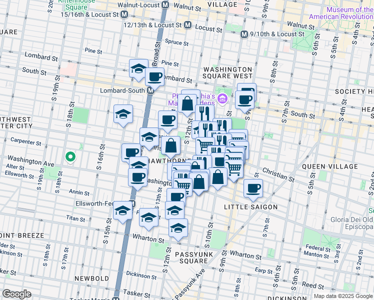 map of restaurants, bars, coffee shops, grocery stores, and more near 1233-35 Bainbridge Street in Philadelphia
