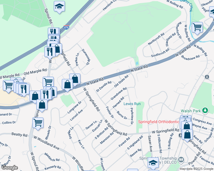 map of restaurants, bars, coffee shops, grocery stores, and more near 53 Saint Davids Road in Springfield