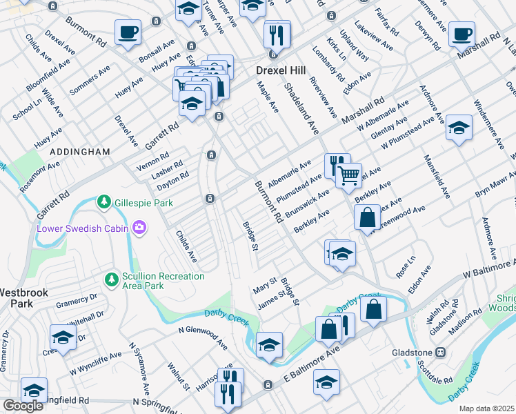 map of restaurants, bars, coffee shops, grocery stores, and more near 3819 Plumstead Avenue in Drexel Hill