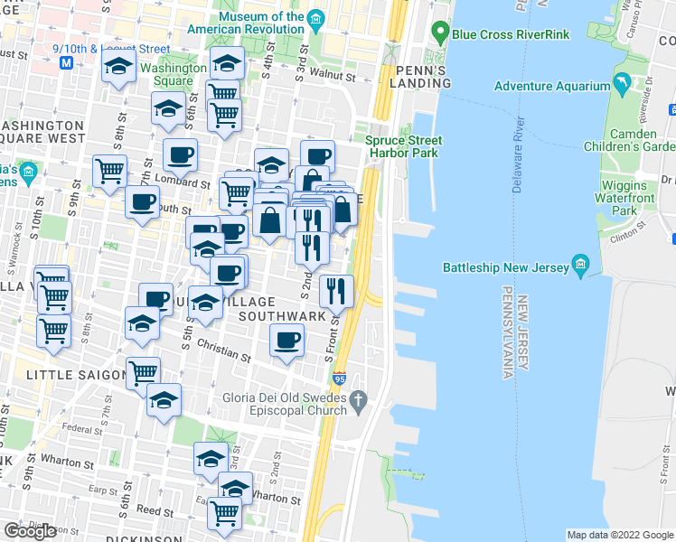 map of restaurants, bars, coffee shops, grocery stores, and more near 105 Kenilworth Street in Philadelphia