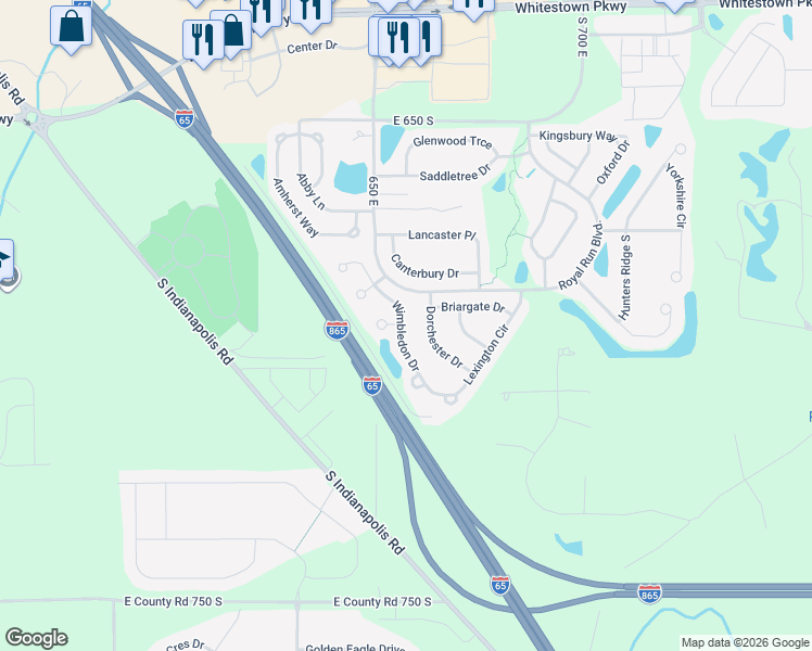 map of restaurants, bars, coffee shops, grocery stores, and more near 6731 Wimbledon Drive in Zionsville