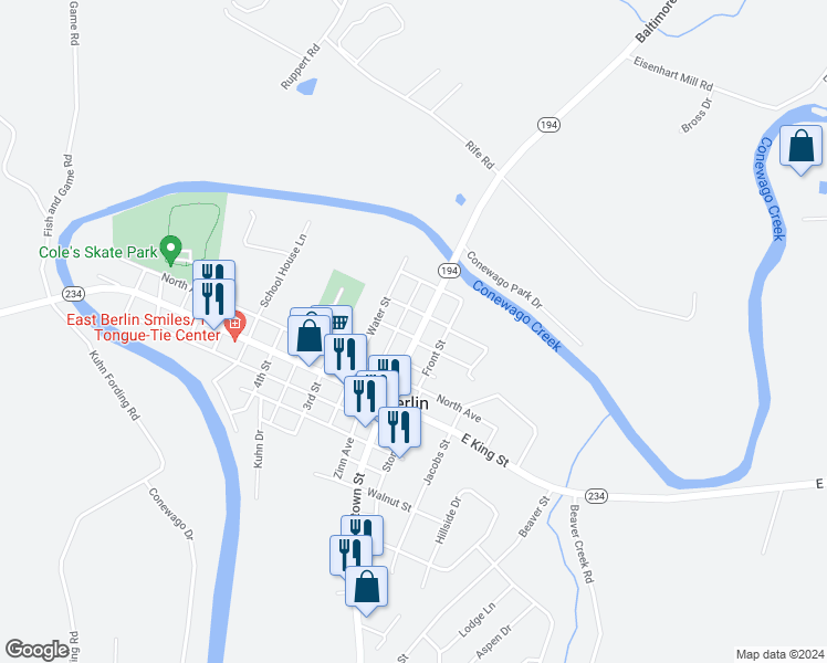 map of restaurants, bars, coffee shops, grocery stores, and more near 302 Harrisburg Street in East Berlin