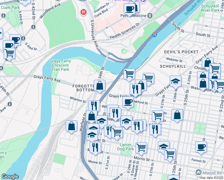 map of restaurants, bars, coffee shops, grocery stores, and more near 3218 Grays Ferry Avenue in Philadelphia