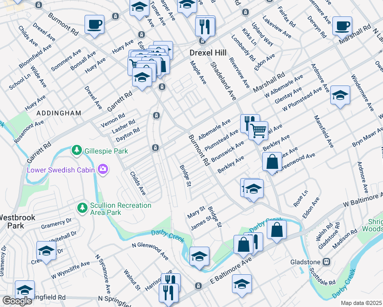 map of restaurants, bars, coffee shops, grocery stores, and more near 3819 Plumstead Avenue in Drexel Hill