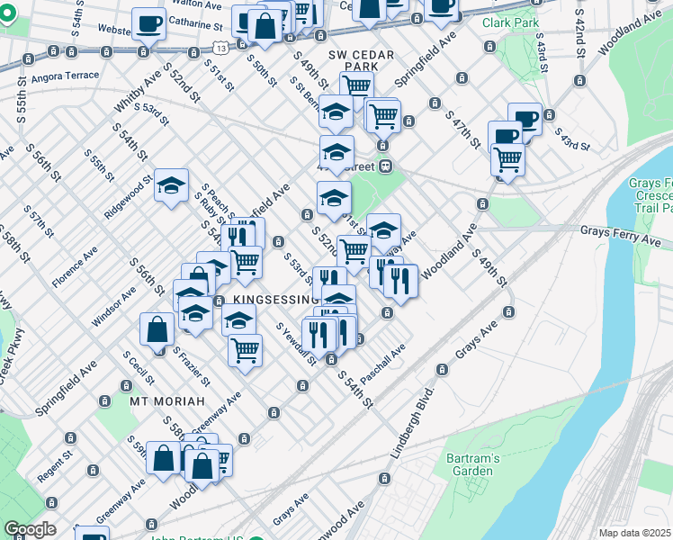 map of restaurants, bars, coffee shops, grocery stores, and more near 5214 Reinhard Street in Philadelphia