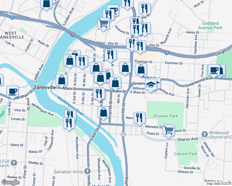 map of restaurants, bars, coffee shops, grocery stores, and more near 722 Main Street in Zanesville