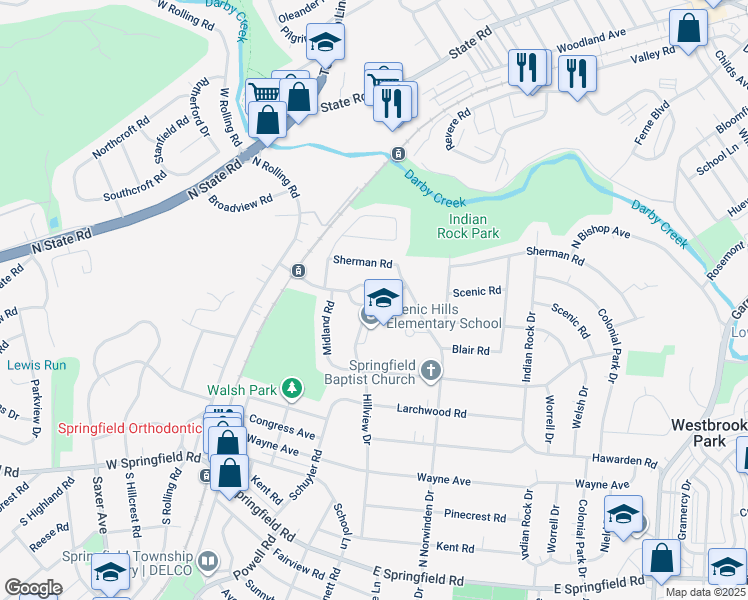 map of restaurants, bars, coffee shops, grocery stores, and more near 205 Claremont Road in Springfield