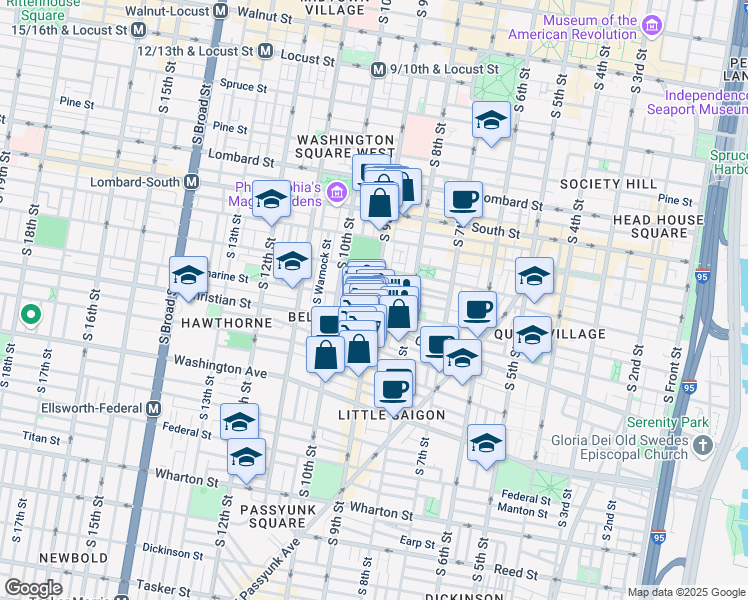 map of restaurants, bars, coffee shops, grocery stores, and more near S 9th St & Catharine St in Philadelphia