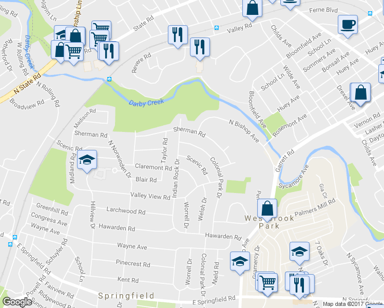 map of restaurants, bars, coffee shops, grocery stores, and more near 519 Scenic Road in Springfield
