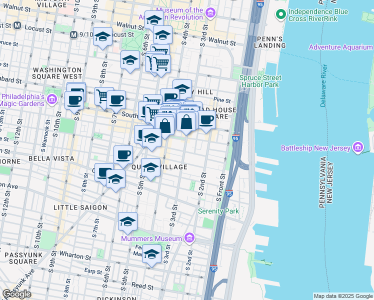 map of restaurants, bars, coffee shops, grocery stores, and more near 731 South 3rd Street in Philadelphia