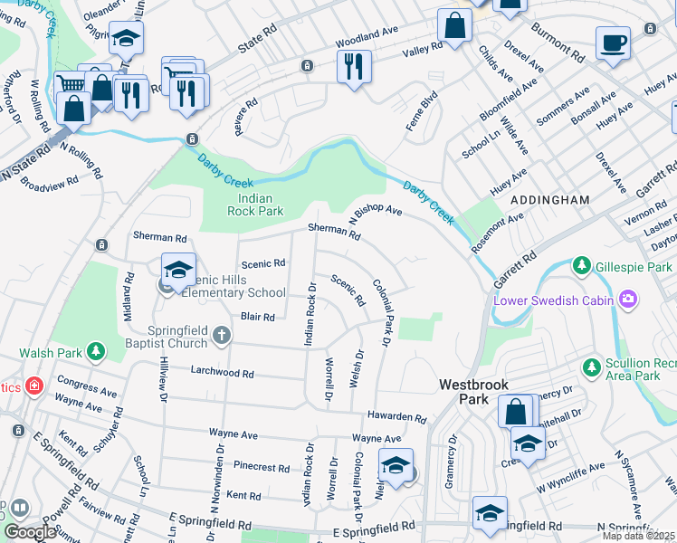 map of restaurants, bars, coffee shops, grocery stores, and more near 519 Scenic Road in Springfield