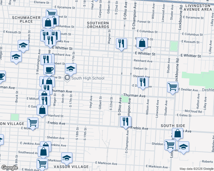 map of restaurants, bars, coffee shops, grocery stores, and more near in Columbus