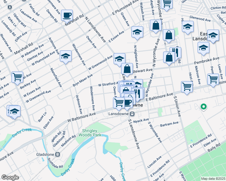 map of restaurants, bars, coffee shops, grocery stores, and more near 35 West Lacrosse Avenue in Lansdowne