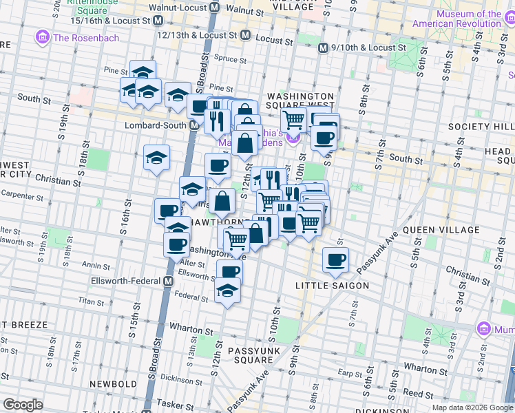 map of restaurants, bars, coffee shops, grocery stores, and more near 768 South Sartain Street in Philadelphia