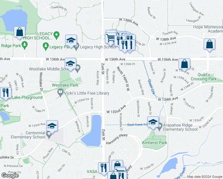 map of restaurants, bars, coffee shops, grocery stores, and more near 2240 West 135th Avenue in Westminster