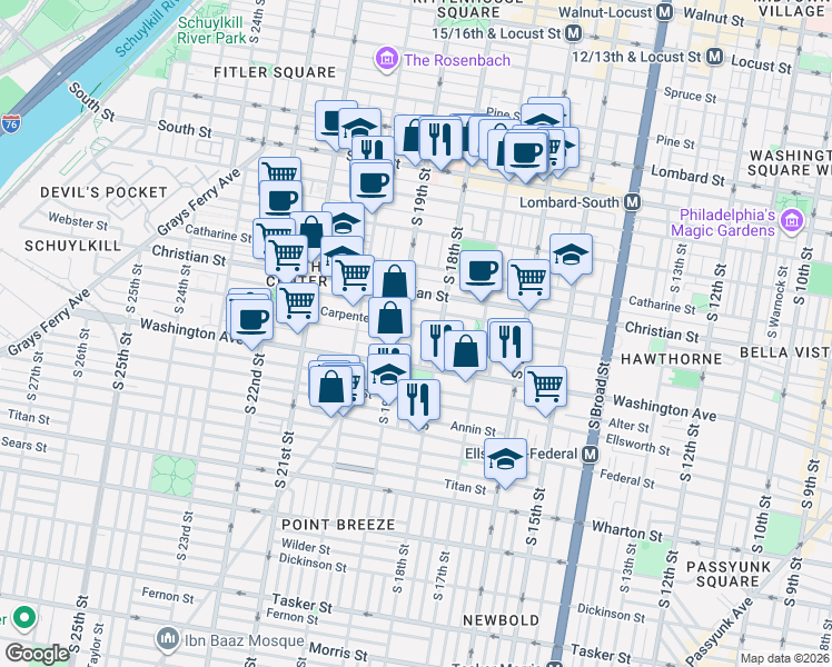 map of restaurants, bars, coffee shops, grocery stores, and more near 1829 Montrose Street in Philadelphia