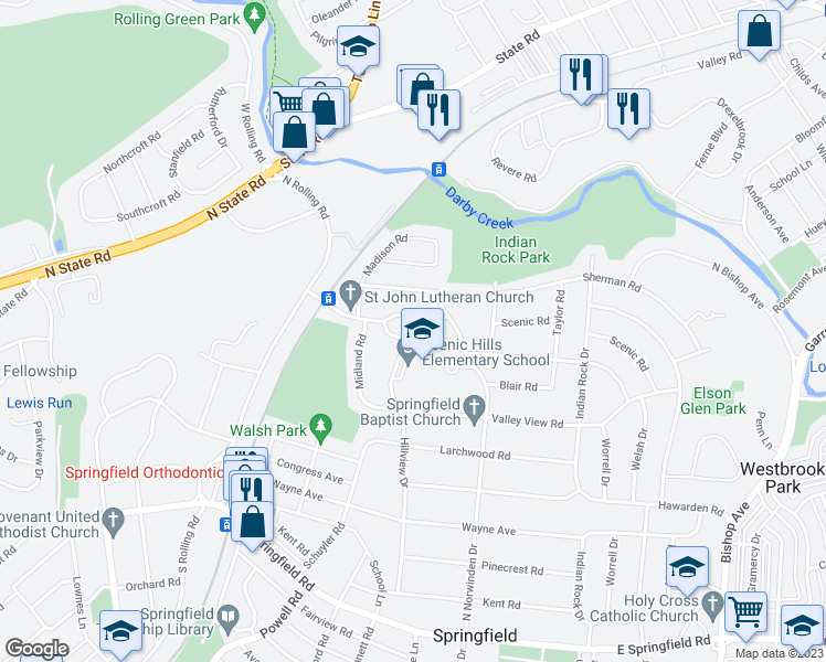 map of restaurants, bars, coffee shops, grocery stores, and more near 205 Claremont Road in Springfield